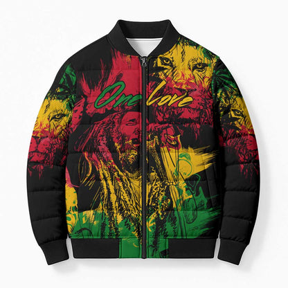 Personalized Rastafarian Lion Legend Bob Bomber Puffer Jacket Black Jamaican Reggae Sketch Portrait
