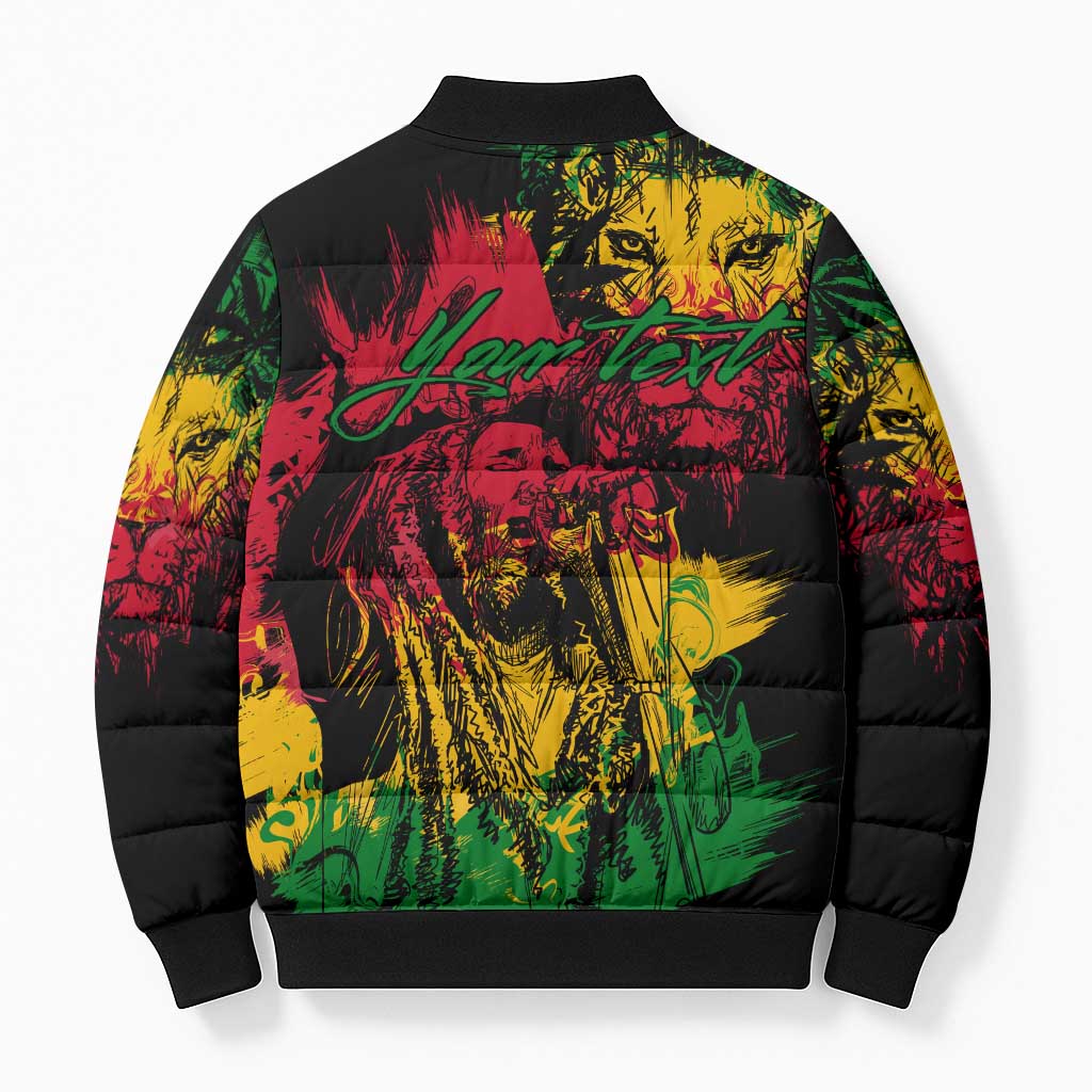 Personalized Rastafarian Lion Legend Bob Bomber Puffer Jacket Black Jamaican Reggae Sketch Portrait