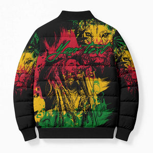 Personalized Rastafarian Lion Legend Bob Bomber Puffer Jacket Black Jamaican Reggae Sketch Portrait
