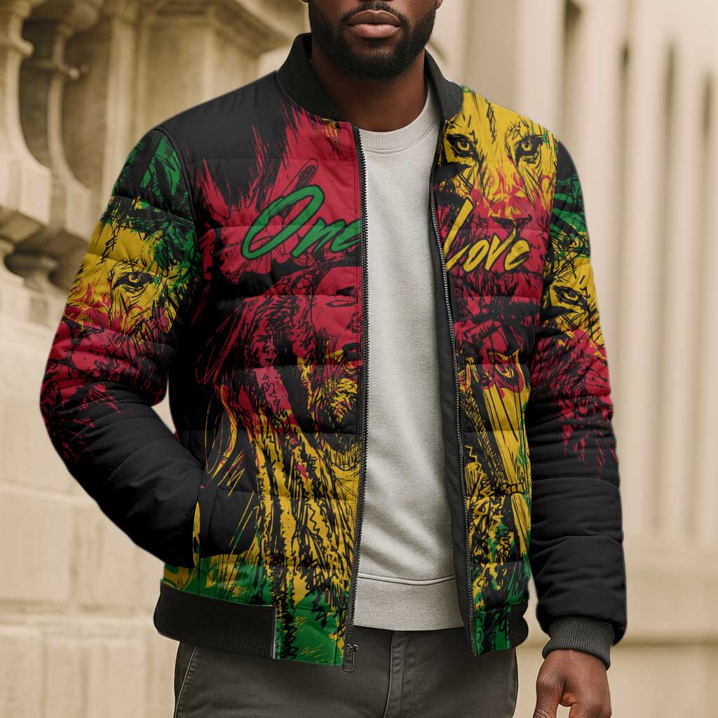 Personalized Rastafarian Lion Legend Bob Bomber Puffer Jacket Black Jamaican Reggae Sketch Portrait
