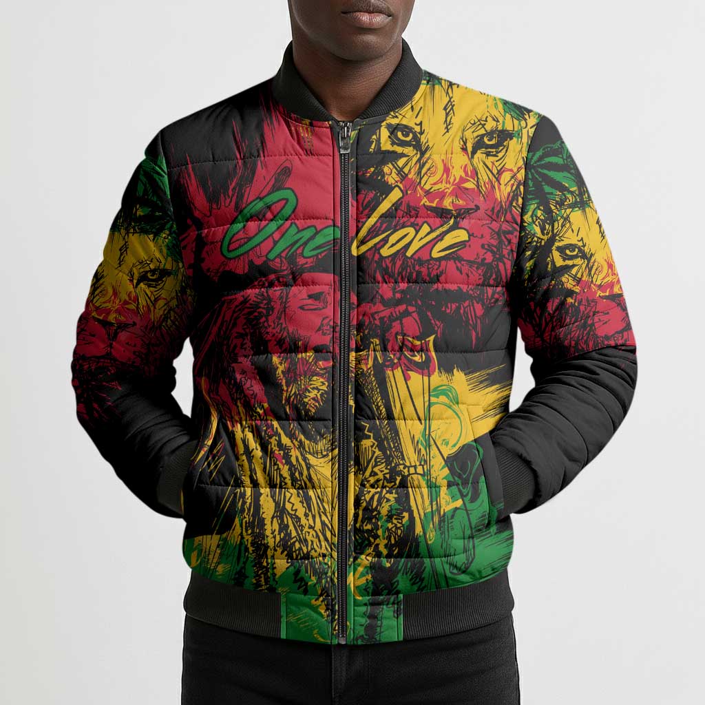 Personalized Rastafarian Lion Legend Bob Bomber Puffer Jacket Black Jamaican Reggae Sketch Portrait