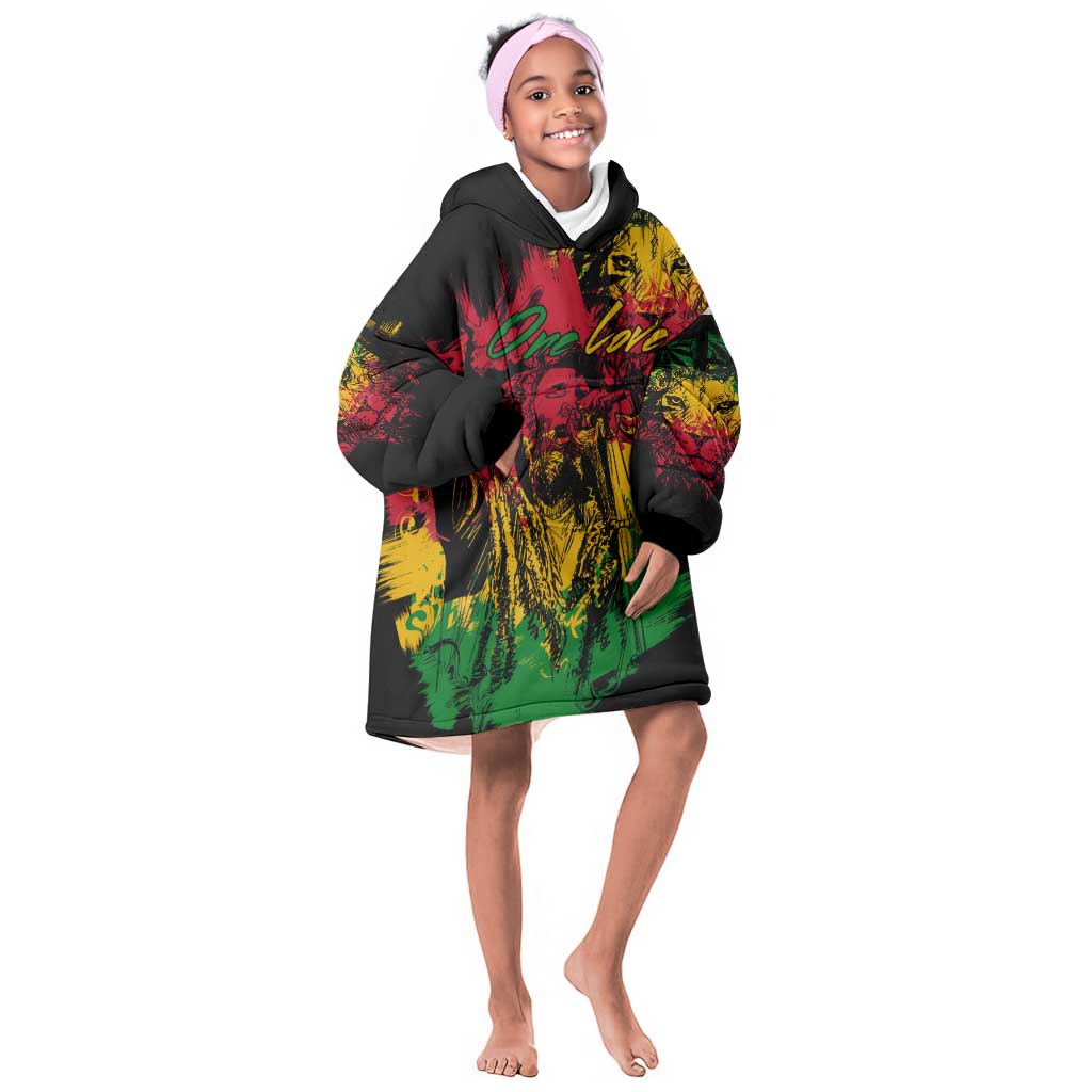 Rastafarian Lion Legend Bob Kid Wearable Blanket Hoodie Black Jamaican Reggae Festival Sketch Portrait