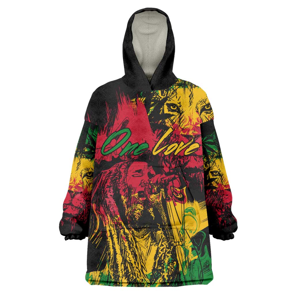 Rastafarian Lion Legend Bob Kid Wearable Blanket Hoodie Black Jamaican Reggae Festival Sketch Portrait
