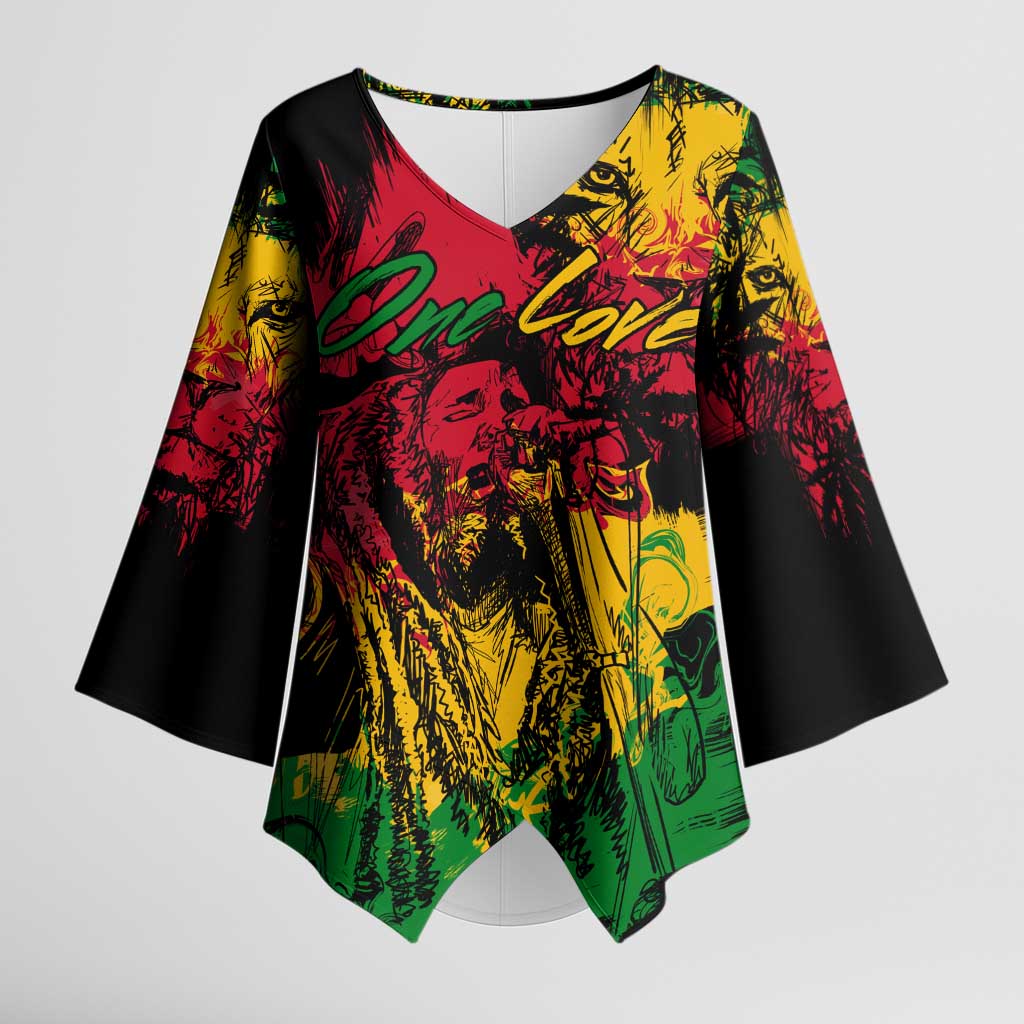 Personalized Rastafarian Lion Legend Bob Kimono Sleeve Blouse Black Jamaican Reggae Sketch Portrait