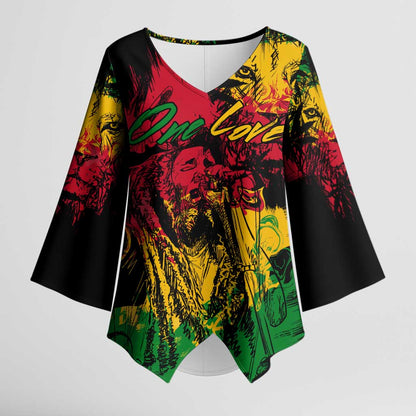 Personalized Rastafarian Lion Legend Bob Kimono Sleeve Blouse Black Jamaican Reggae Sketch Portrait