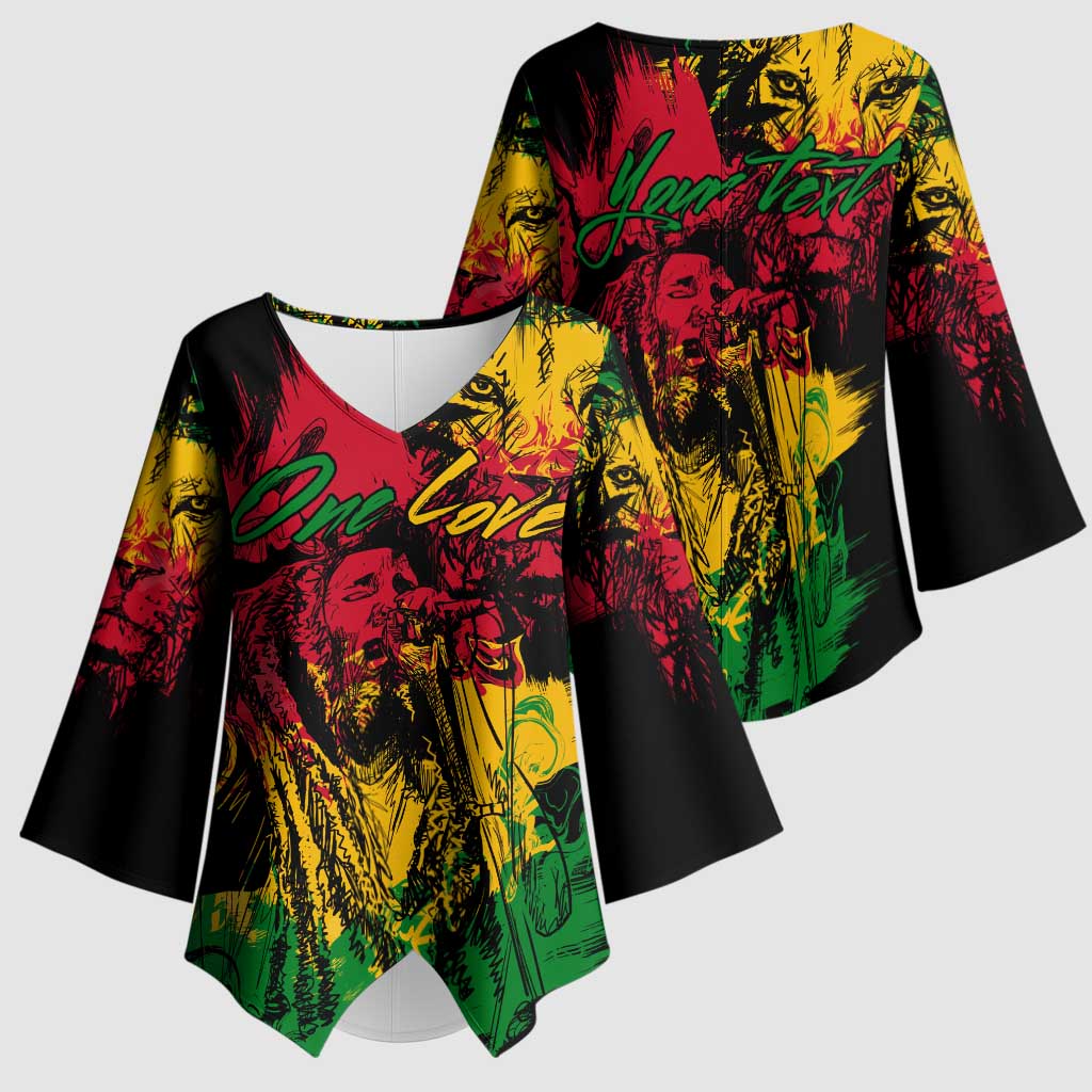 Personalized Rastafarian Lion Legend Bob Kimono Sleeve Blouse Black Jamaican Reggae Sketch Portrait