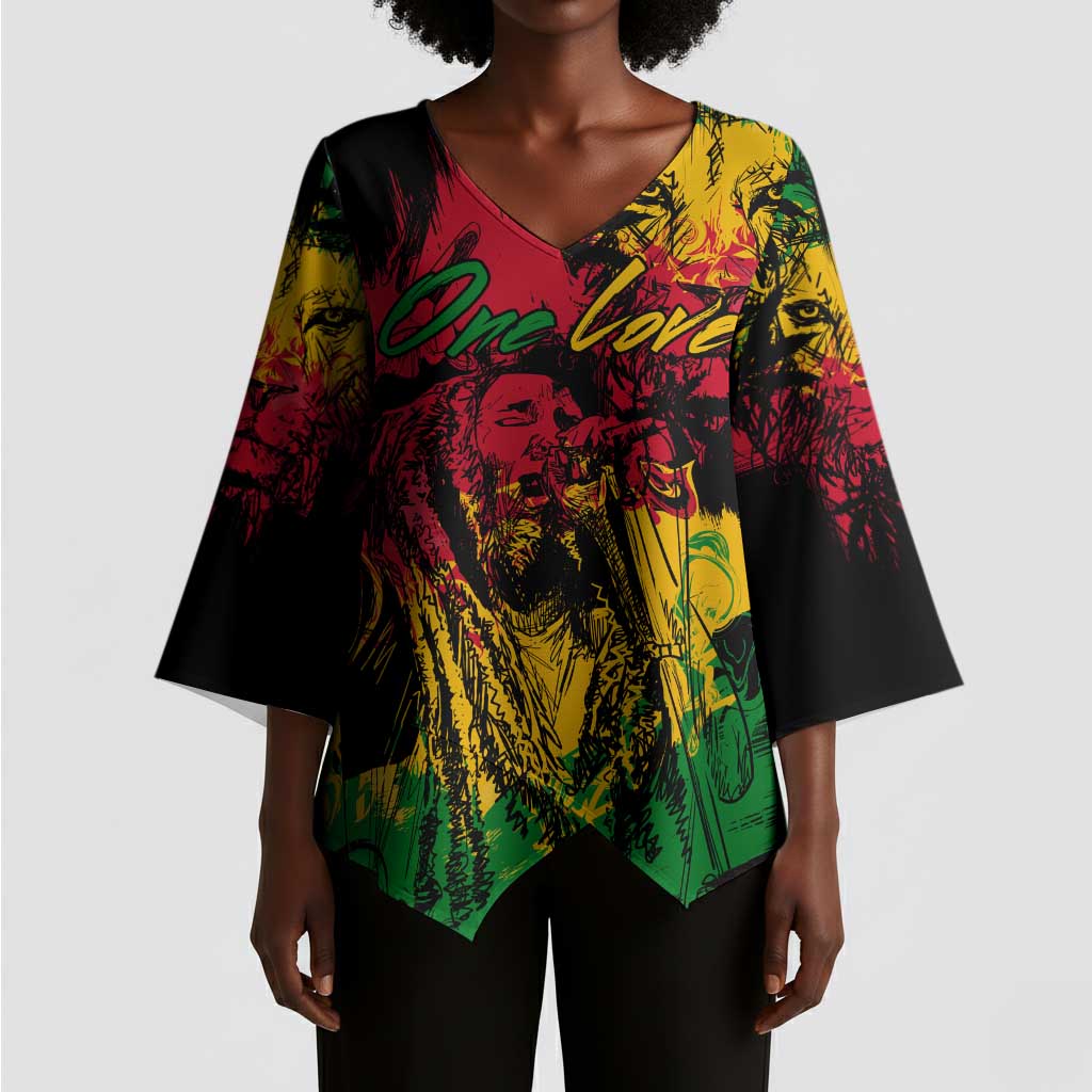 Personalized Rastafarian Lion Legend Bob Kimono Sleeve Blouse Black Jamaican Reggae Sketch Portrait