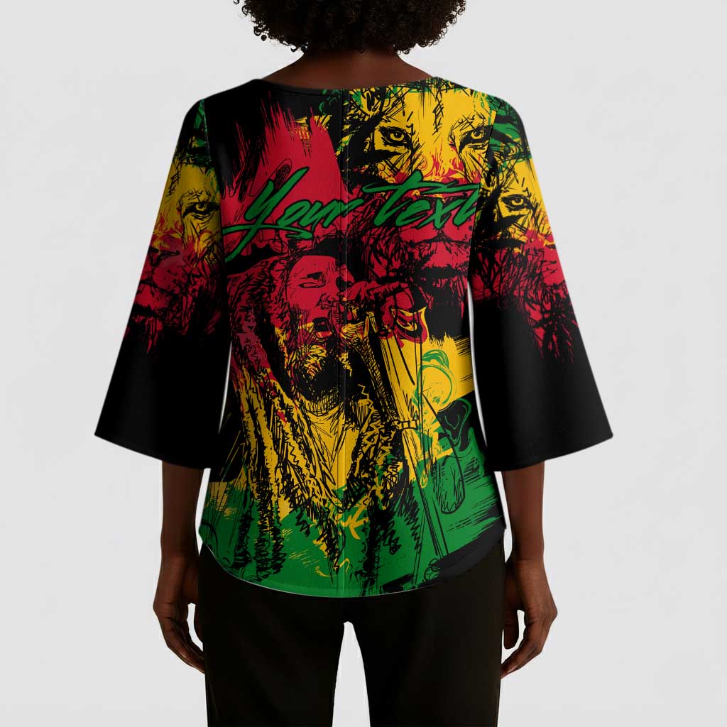 Personalized Rastafarian Lion Legend Bob Kimono Sleeve Blouse Black Jamaican Reggae Sketch Portrait