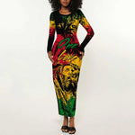 Rastafarian Lion Legend Bob Long Sleeve Bodycon Dress Black Jamaican Reggae Festival Sketch Portrait LT9