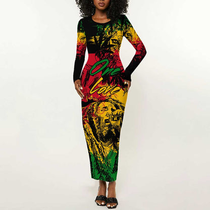 Rastafarian Lion Legend Bob Long Sleeve Bodycon Dress Black Jamaican Reggae Festival Sketch Portrait LT9