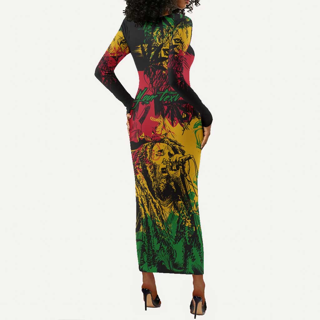 Rastafarian Lion Legend Bob Long Sleeve Bodycon Dress Black Jamaican Reggae Festival Sketch Portrait LT9