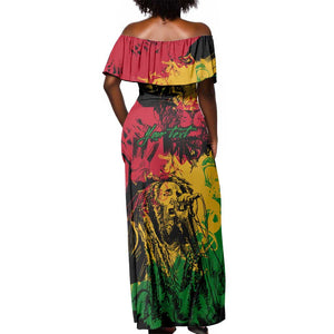 Rastafarian Lion Legend Bob Off Shoulder Maxi Dress Black Jamaican Reggae Festival Sketch Portrait