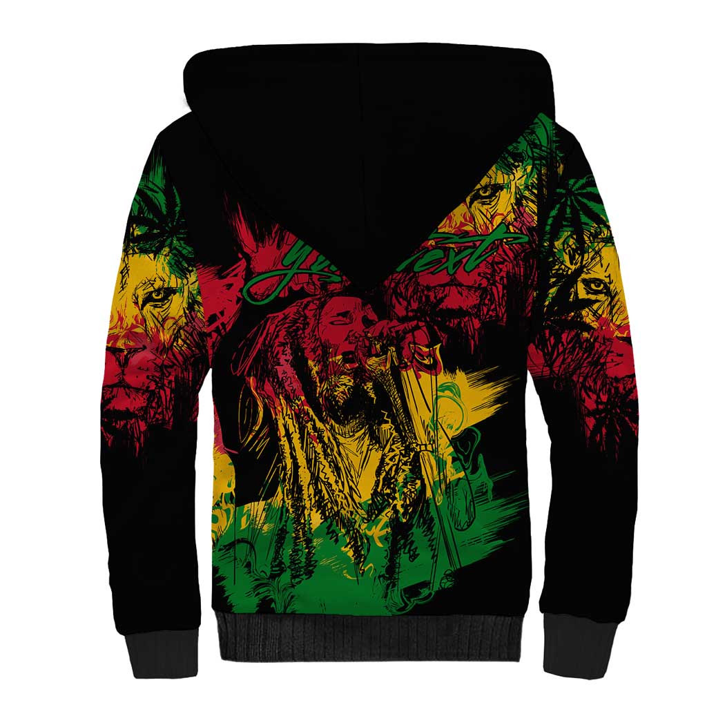 Rastafarian Lion Legend Bob Sherpa Hoodie Black Jamaican Reggae Festival Sketch Portrait