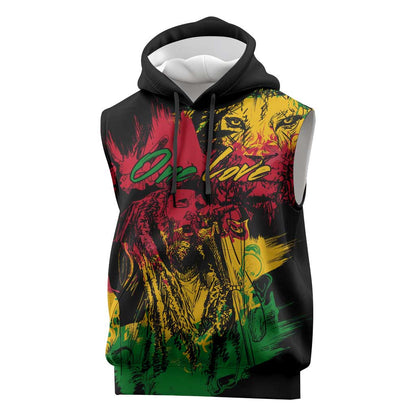 Rastafarian Lion Legend Bob Sleeveless Hoodie Black Jamaican Reggae Festival Sketch Portrait - African Pride