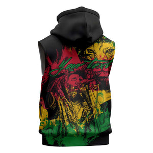 Rastafarian Lion Legend Bob Sleeveless Hoodie Black Jamaican Reggae Festival Sketch Portrait - African Pride