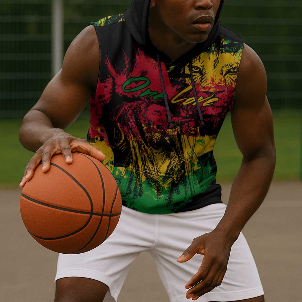 Rastafarian Lion Legend Bob Sleeveless Hoodie Black Jamaican Reggae Festival Sketch Portrait - African Pride
