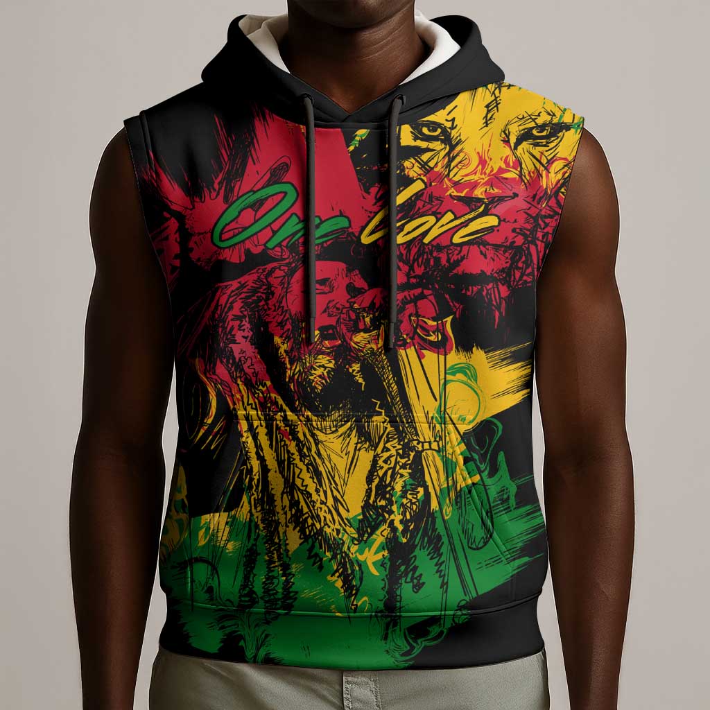 Rastafarian Lion Legend Bob Sleeveless Hoodie Black Jamaican Reggae Festival Sketch Portrait - African Pride