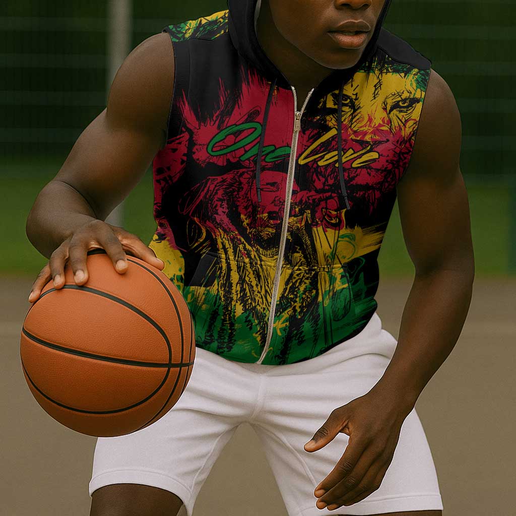 Rastafarian Lion Legend Bob Sleeveless Zip Hoodie Black Jamaican Reggae Festival Sketch Portrait - African Pride