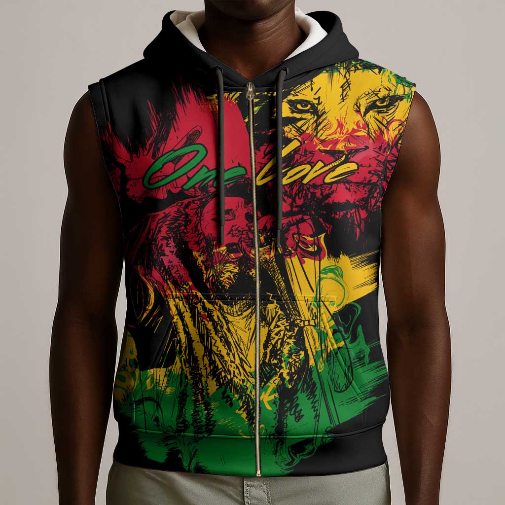 Rastafarian Lion Legend Bob Sleeveless Zip Hoodie Black Jamaican Reggae Festival Sketch Portrait - African Pride