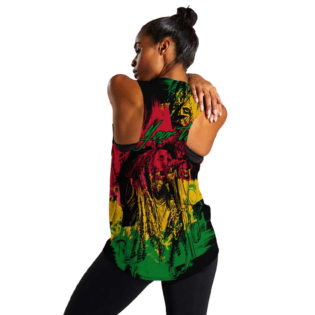 Rastafarian Lion Legend Bob Women Racerback Tank Black Jamaican Reggae Festival Sketch Portrait