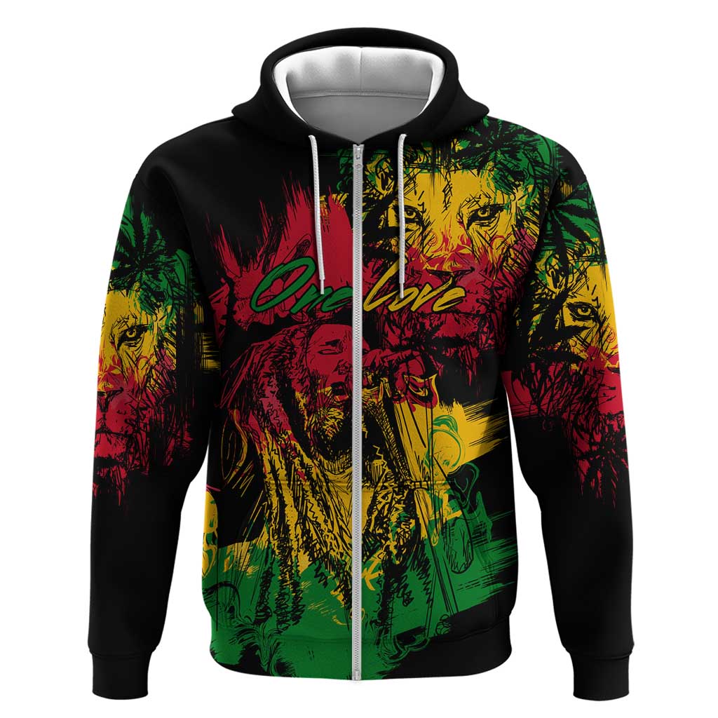 Rastafarian Lion Legend Bob Zip Hoodie Black Jamaican Reggae Festival Sketch Portrait