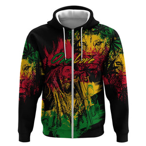 Rastafarian Lion Legend Bob Zip Hoodie Black Jamaican Reggae Festival Sketch Portrait