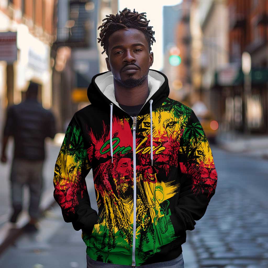 Rastafarian Lion Legend Bob Zip Hoodie Black Jamaican Reggae Festival Sketch Portrait