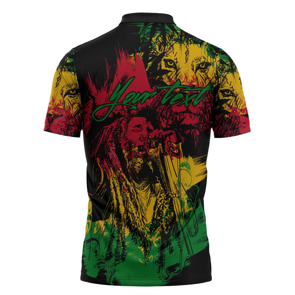 Personalized Rastafarian Lion Legend Bob Zipper Polo Shirt Black Jamaican Reggae Sketch Portrait
