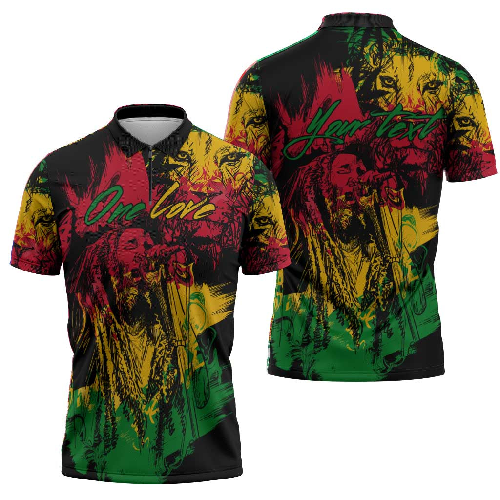 Personalized Rastafarian Lion Legend Bob Zipper Polo Shirt Black Jamaican Reggae Sketch Portrait
