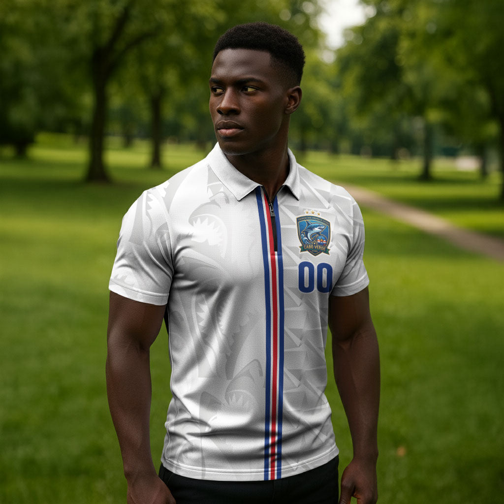 Cabo Verde Kopa di Mundu Custom Zipper Polo Shirt Atlantic Waves White Edition