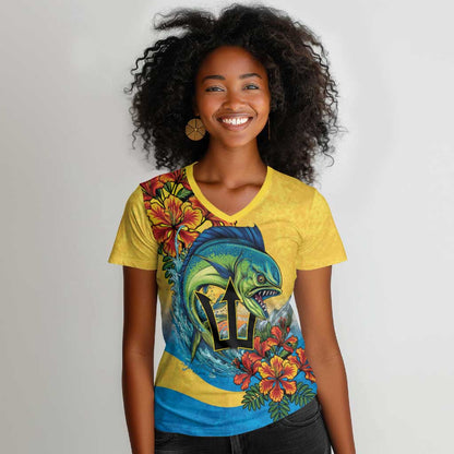 Black Barbadians Mahi-mahi Trident Women V-Neck T-Shirt - African Pride