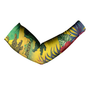 Personalized Black Jamaicans Crocodile Arm Sleeves Tropical Flowers Grunge Flag
