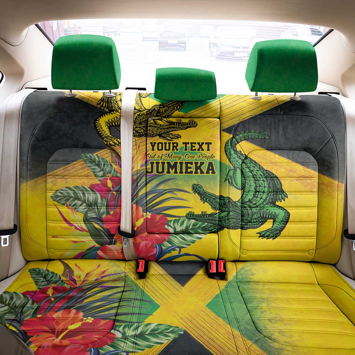 Personalized Black Jamaicans Crocodile Back Car Seat Cover Tropical Flowers Grunge Flag - African Pride