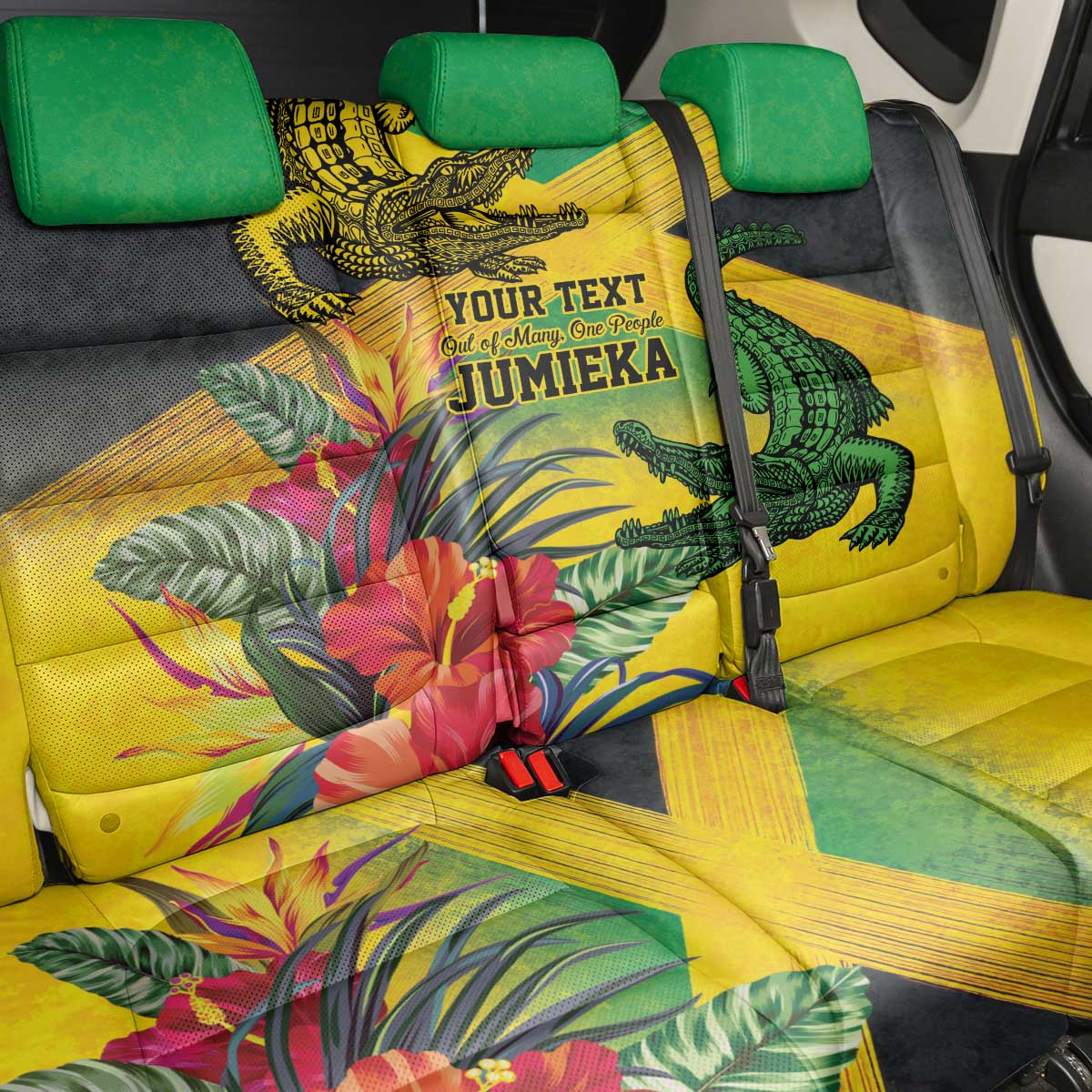 Personalized Black Jamaicans Crocodile Back Car Seat Cover Tropical Flowers Grunge Flag - African Pride