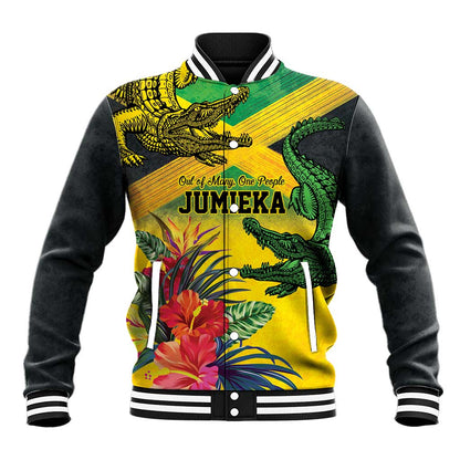 Personalized Black Jamaicans Crocodile Baseball Jacket Tropical Flowers Grunge Flag - African Pride