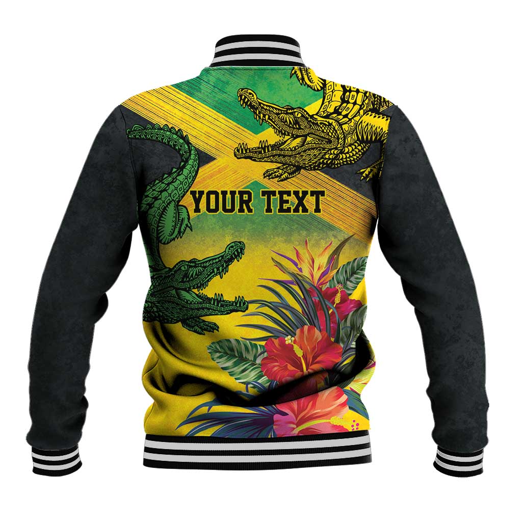 Personalized Black Jamaicans Crocodile Baseball Jacket Tropical Flowers Grunge Flag - African Pride