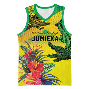Personalized Black Jamaicans Crocodile Basketball Jersey Tropical Flowers Grunge Flag - African Pride