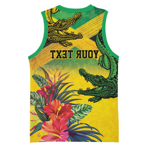 Personalized Black Jamaicans Crocodile Basketball Jersey Tropical Flowers Grunge Flag - African Pride