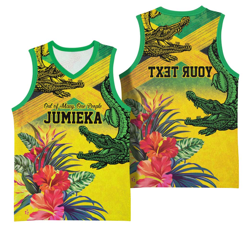 Personalized Black Jamaicans Crocodile Basketball Jersey Tropical Flowers Grunge Flag - African Pride