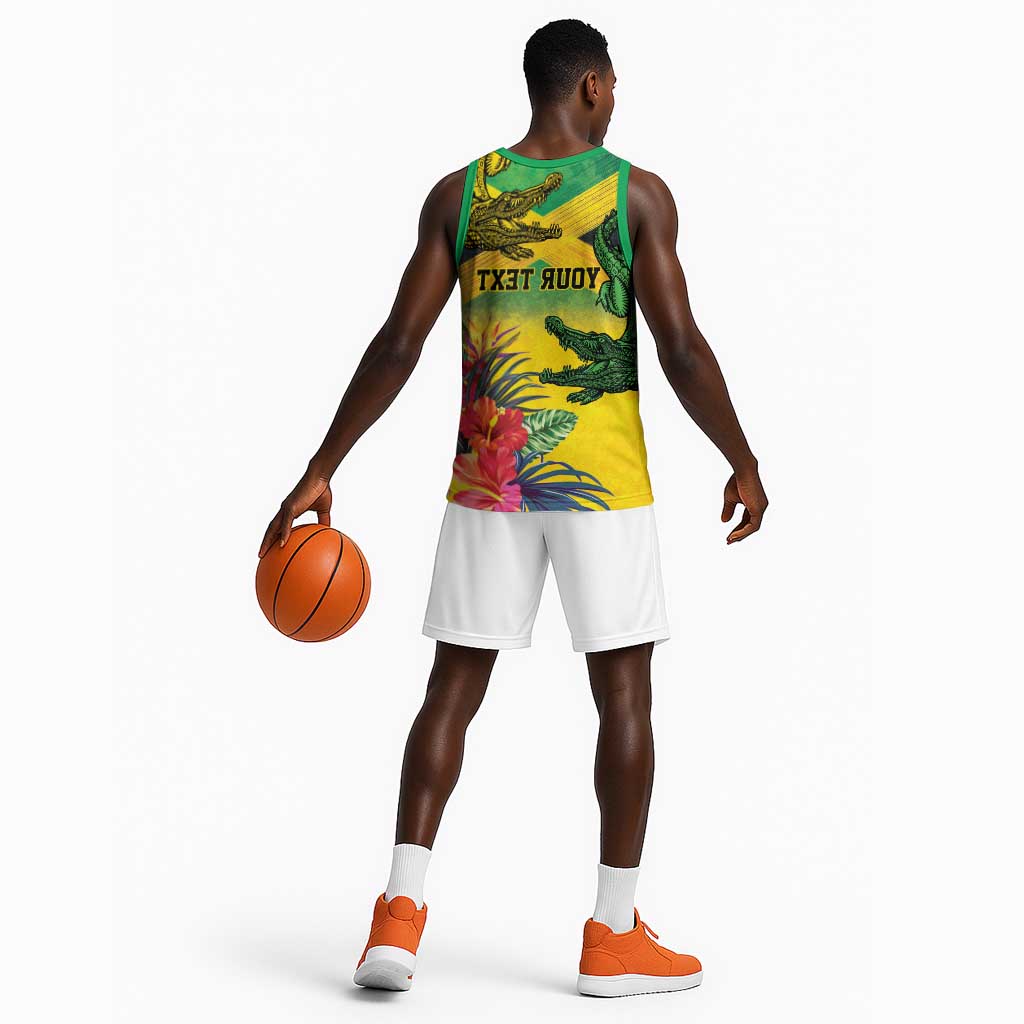 Personalized Black Jamaicans Crocodile Basketball Jersey Tropical Flowers Grunge Flag - African Pride