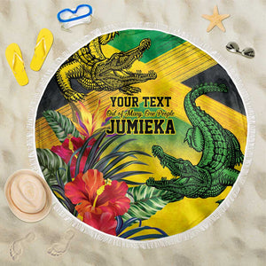 Personalized Black Jamaicans Crocodile Beach Blanket Tropical Flowers Grunge Flag - African Pride