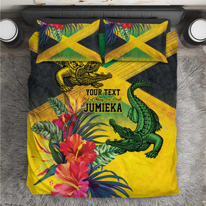 Personalized Black Jamaicans Crocodile Bedding Set Tropical Flowers Grunge Flag - African Pride