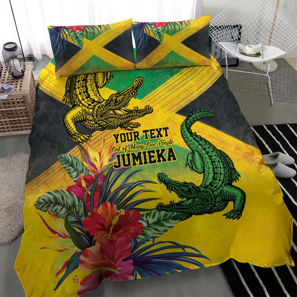 Personalized Black Jamaicans Crocodile Bedding Set Tropical Flowers Grunge Flag - African Pride