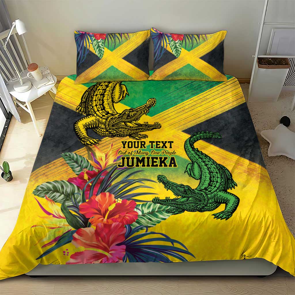 Personalized Black Jamaicans Crocodile Bedding Set Tropical Flowers Grunge Flag - African Pride