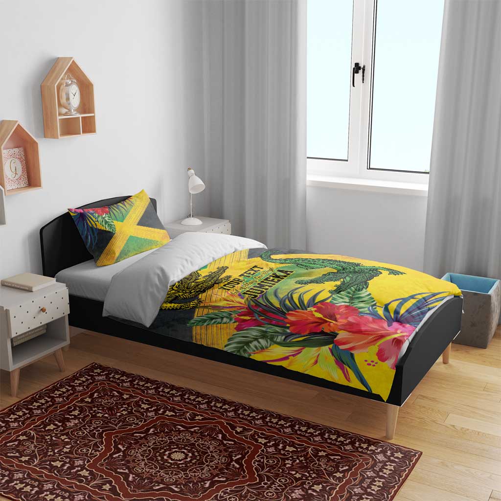 Personalized Black Jamaicans Crocodile Bedding Set Tropical Flowers Grunge Flag - African Pride