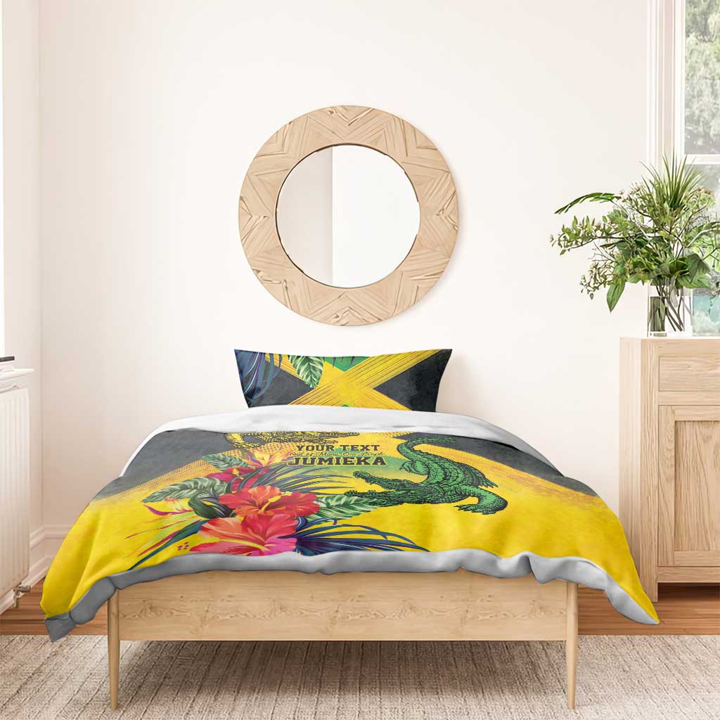 Personalized Black Jamaicans Crocodile Bedding Set Tropical Flowers Grunge Flag - African Pride