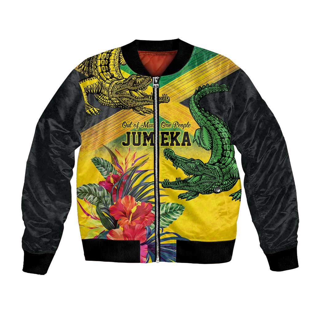 Personalized Black Jamaicans Crocodile Bomber Jacket Tropical Flowers Grunge Flag - African Pride