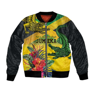 Personalized Black Jamaicans Crocodile Bomber Jacket Tropical Flowers Grunge Flag - African Pride