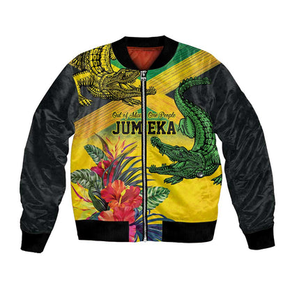 Personalized Black Jamaicans Crocodile Bomber Jacket Tropical Flowers Grunge Flag - African Pride