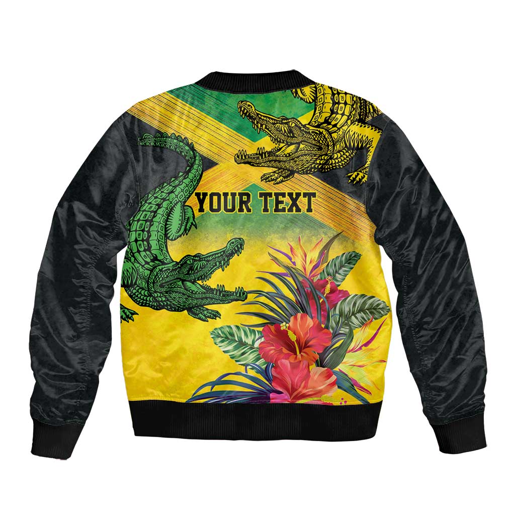 Personalized Black Jamaicans Crocodile Bomber Jacket Tropical Flowers Grunge Flag - African Pride